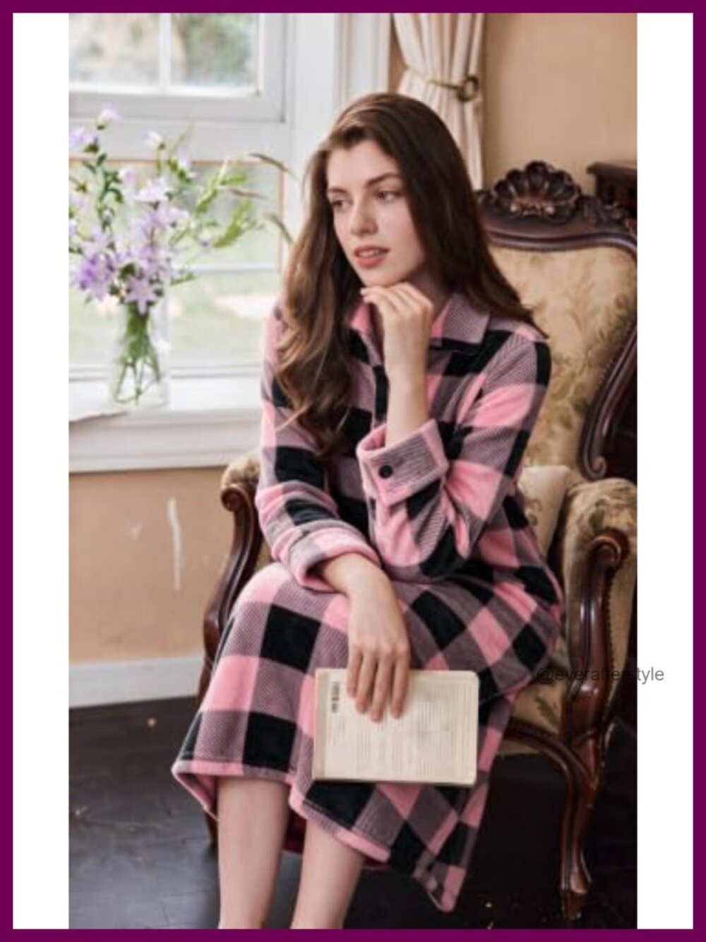 Flannel Nightgown Womens Long Sleeve Sleep Shirt with Pockets Calf Length - Picture 4 of 6